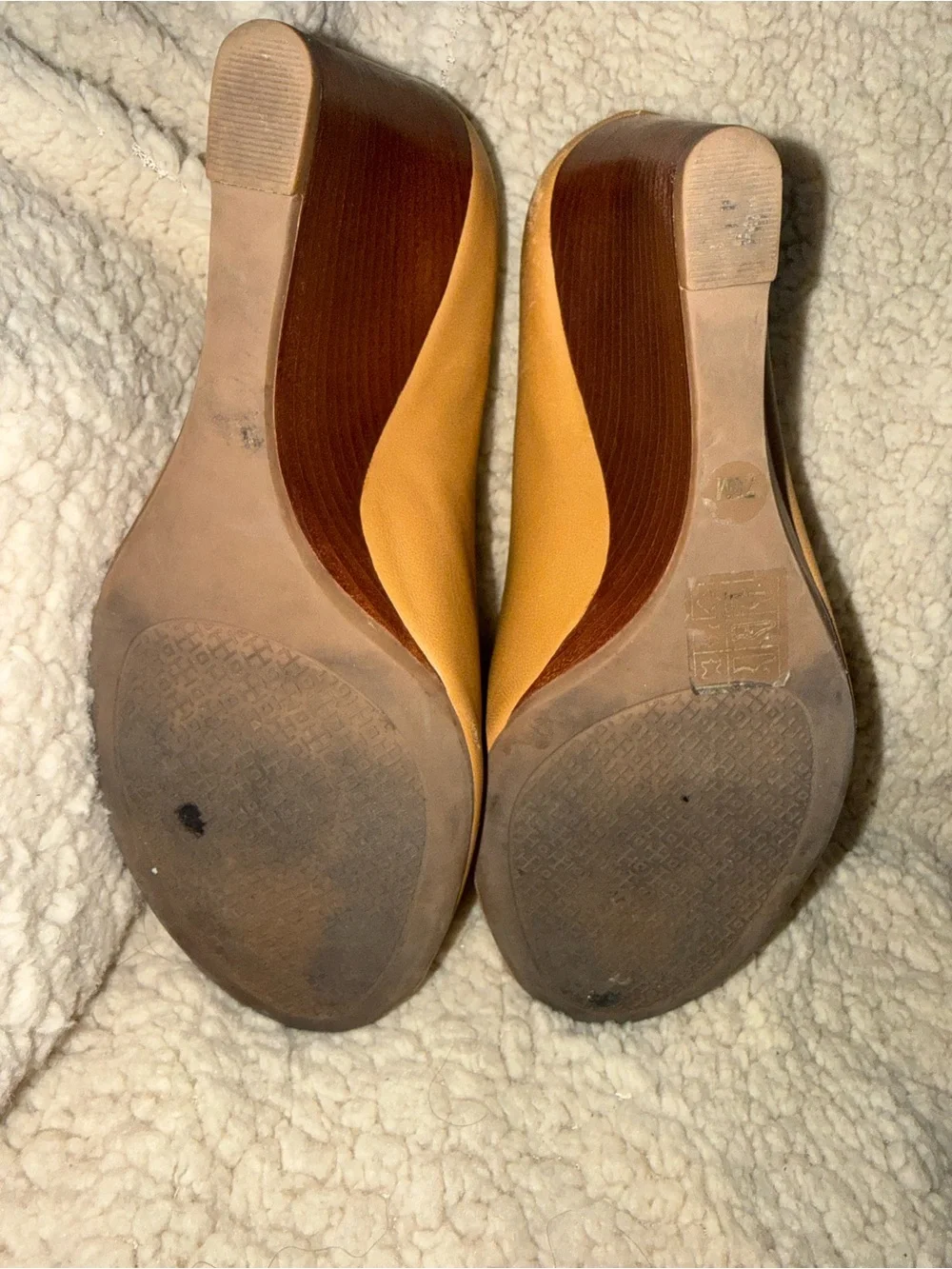 Tory Burch Cognac Leather Peep-Toe Wedge Pumps
